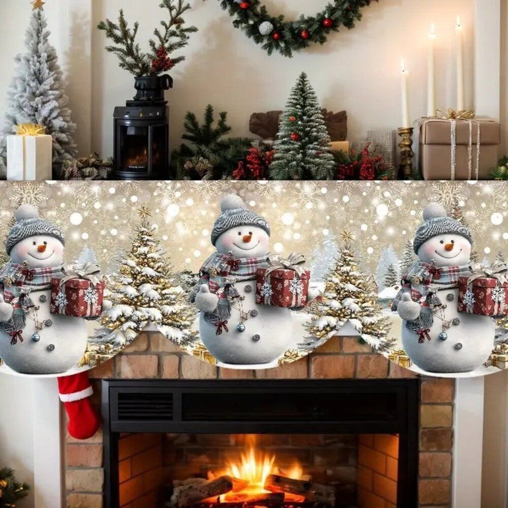 Snowman Snowflakes Christmas Tree Fireplace Decor - Red & Golden Winter Scene